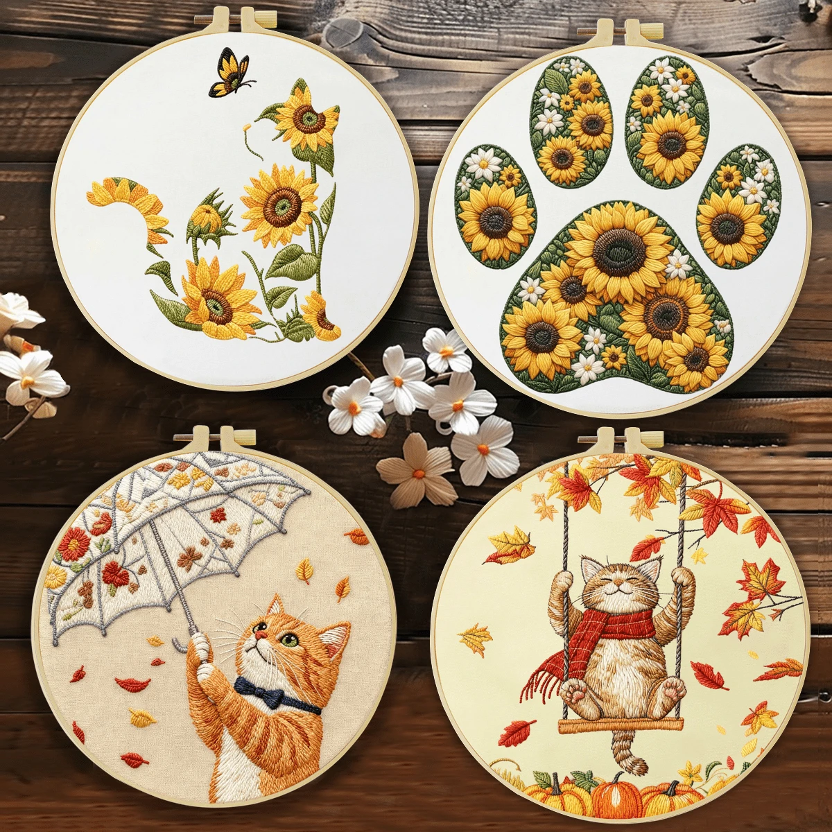 1 buah, ukuran 20*20cm/7.9*7.9in, Kit Bordir Kucing dan Bunga Matahari, Set Bordir Buatan Tangan DIY untuk Pemula Dewasa, Hadiah Rumah, Hadiah Menjahit untuk Wanita, Termasuk Panduan Pengguna, Kain Pola Cetak, Bingkai Bordir, Jarum dan Benang.