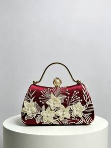 1件復古酒紅色緞面3D刺繡花卉晚宴手拿包，紋理金色金屬手柄，珍珠與水鑽球形鎖扣，新中式風格女款精緻斜挎小包，適合婚紗禮服搭配 - 酒紅色 - 查看 5