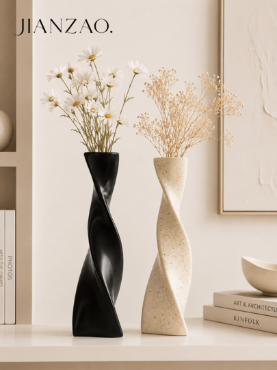 1 pieza Jarrón abstracto retorcido, jarrón decorativo moderno de espiral curva, jarrón negro mate moteado & beige, centro de mesa estético para flores frescas y secas, decoración del hogar para sala de estar, dormitorio y estantería