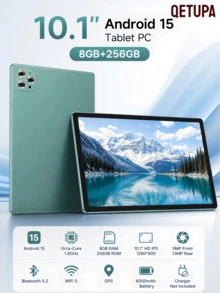 Qetupa 10.1 吋 Android 15 平板電腦，4GB RAM+64GB/128GB，八核心 1.8GHz 處理器，HD (1280x800) IPS 觸控螢幕，BT 5.2 & 802.11ac WiFi5，GPS，5MP 前置相機 & 13MP 後置相機，6000mAh 大容量電池（不含適配器） - 綠色 - 查看 1