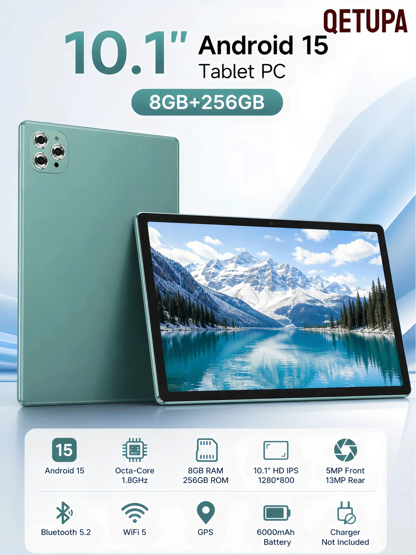 Qetupa 10.1 吋 Android 15 平板電腦,4GB RAM+64GB/128GB,八核心 1.8GHz 處理器,HD (1280x800) IPS 觸控螢幕,BT 5.2 & 802.11ac WiFi5,GPS,5MP 前置相機 & 13MP 後置相機,6000mAh 大容量電池(不含適配器) - 綠色 - 查看 1