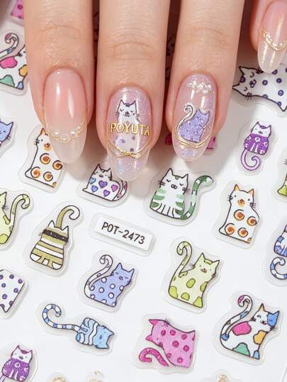 1pc Cartoon Colorful Kitten Nail Stickers, Self-Adhesive Disposable New Technology Nail Decor, Cute Style, INS Shiny Surface, Asymmetrical Shape, Suitable For Women DIY Or Nail Salon