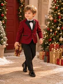 Christmas Young Boy Suit Formal Outfit Kids Set Piano Performance Wedding Ring Bearer Outfit 3-Piece Set Jacket + Pants + Bow Tie - Red - View 3