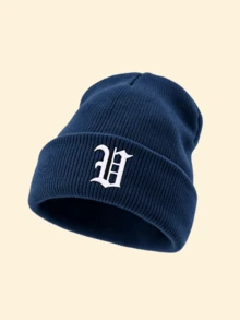 1pc Unisex Outdoor Warm Solid Color Ribbed Knitted Beanie Hat With Gothic A‑Z Letter Print,Edgy Cozy Versatile Fall Winter Headwear For Concert Events - Navy Blue - View 32