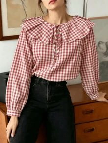 Plus Size Women's Plaid Colorblock Knot Flower Ruffle Trim Autumn/Winter Top - Red and White - View 1