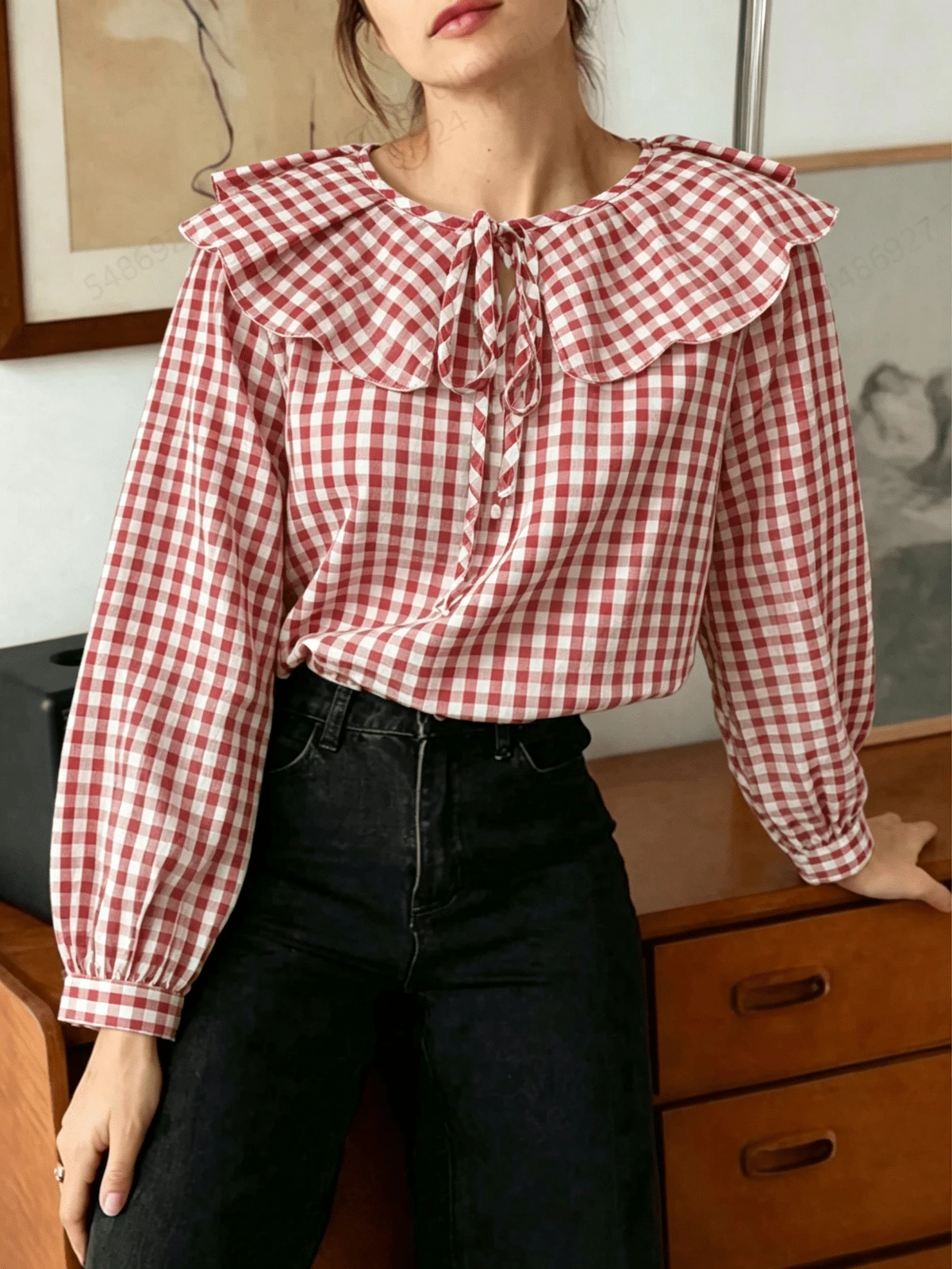 Plus Size Women's Plaid Colorblock Knot Flower Ruffle Trim Autumn/Winter Top - Red and White - View 1
