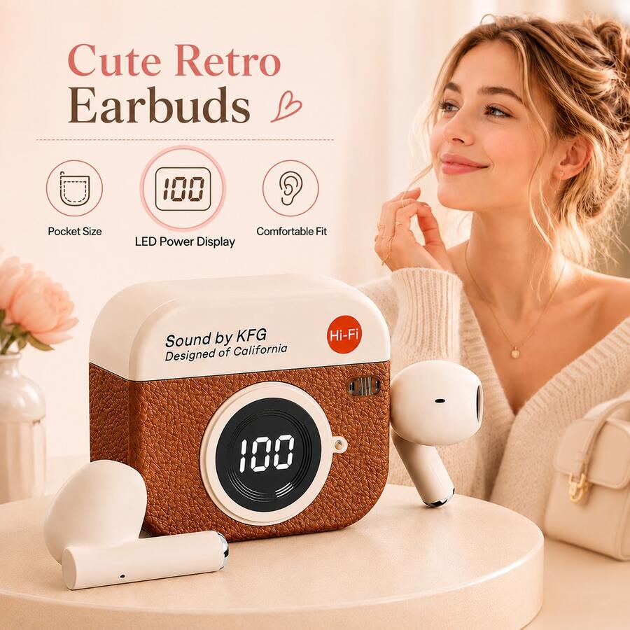 Wireless Earbuds, Cute Retro Camera Design Semi-In-Ear Headphones, With LED Battery Display Charging Case, Hi-Fi Stereo Sound, Comfortable And Portable, Suitable For Music, Travel, Work, Daily Use And Gifting, 180mAh Battery