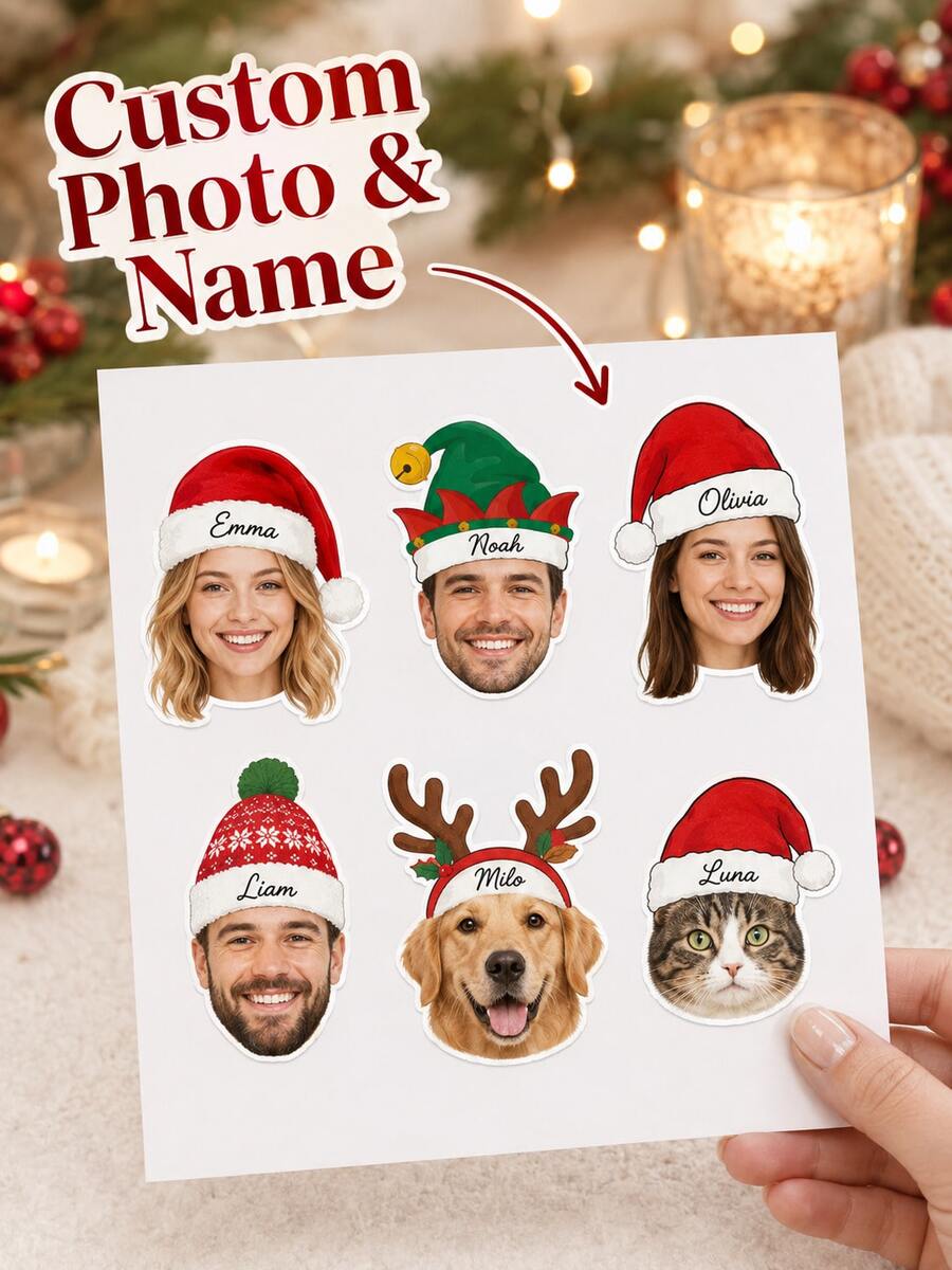 1 Lembar Stiker Natal Wajah Kustom dengan Foto dan Nama yang Dipersonalisasi, Stiker Topi Santa, Peri, Rusa Kutub, Anjing, Kucing, Label Natal Meriah untuk Pembungkus Kado, Kartu Ucapan, Album Foto, Amplop, Suvenir Pesta, dan Dekorasi Liburan - MultiWarna - View 1