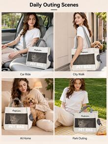 4 Colors Available, This Portable Pet Tote Bag Combines Canvas And Breathable Mesh, Featuring Minimalist Letter Print And Side Drawstring Ventilation, Perfect For Carrying Small Cats Or Dogs For Daily Outings - Multicolor - View 9
