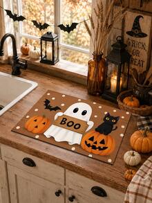 1pc Black Cat Pumpkin Ghost Bat Print Home Kitchen Decor Dish Drying Mat, Coffee Mat, Fun Halloween Cartoon Style, Soft Stain-Resistant, Easy To Clean, Halloween Gift, Suitable For Halloween Party, Halloween Home Decor, Kitchen Accessories - Multicolor - View 1