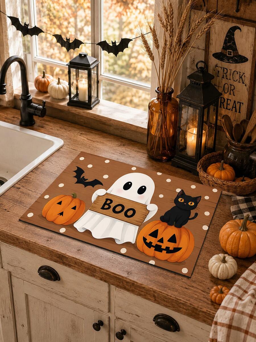 1pc Black Cat Pumpkin Ghost Bat Print Home Kitchen Decor Dish Drying Mat, Coffee Mat, Fun Halloween Cartoon Style, Soft Stain-Resistant, Easy To Clean, Halloween Gift, Suitable For Halloween Party, Halloween Home Decor, Kitchen Accessories - Multicolor - View 1