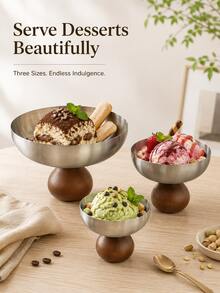 1pc Stainless Steel Ice Cream Cup, Dessert Bowl, Round Wooden Base Pudding Cup, Salad Fruit Yogurt Cup, Suitable For Party Use - Silver - View 9