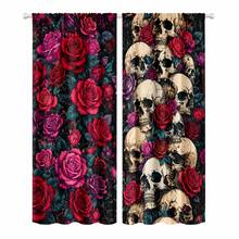 2pcs Gothic Skull And Rose Pattern Semi-Sheer Bedroom Curtains, 90GSM Polyester Semi-Transparent Privacy Protection, Gothic Style Living Room Curtains, Kitchen Curtains, Suitable For Home, Room, Kitchen Partition Or Decoration, Rod Pocket Design Easy Installation, Quick Dry, Washable, Fade-Resistant, Lightweight Removable Curtains - Multicolor - View 9