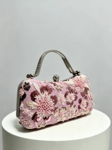 1件粉色重裝飾珠片花卉手拿晚宴包，3D花卉刺繡，金屬手柄扣包，婚禮宴會派對禮服搭配，浪漫氛圍手提包（隨機花紋） - 粉色 - 查看 2