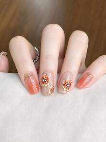 1 Sheet Personalized Full-Coverage Nail Stickers With A Summer Theme. The Design Features Delicate Floral Elements Accented With Various Rhinestone Patterns And Paired With A Vibrant Orange Gradient. They Are Easy To Apply And Remove. - Burnt Orange - View 3