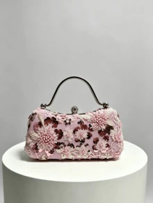 1件粉色重裝飾珠片花卉手拿晚宴包，3D花卉刺繡，金屬手柄扣包，婚禮宴會派對禮服搭配，浪漫氛圍手提包（隨機花紋） - 粉色 - 查看 6
