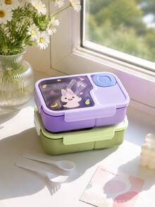 1pc Cute Cartoon Divided Lunch Box With Utensils And Sauce Container, Leak-Proof Food Storage, Portable Office Commute Picnic Meal Prep Box, Back To School Lunch Box, Birthday Housewarming Gift, Birthday, Back To School - Multicolor - View 9