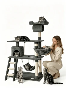 1 Pc Dual‑Style Cat Tree, Luxury Version 55.5 Inches, Regular Version 17 Inches, Wear‑Resistant Sisal Scratching Posts, Equipped With Cat House, Tunnel, Hammock, Ladder And Cat Teaser Pendant, Suitable For Indoor Household Pet Cats - Multicolor - View 1
