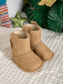 Infant Solid Color Ankle Boots, Autumn/Winter Warm Magic Tape Easy On/Off Indoor/Outdoor Small Boots - Apricot - View 3