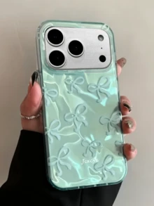 可愛時尚極光雷射全螢幕藍星蝴蝶結蕾絲吊飾手機殼，適用於 iPhone 18 Pro Max 17 Pro Max 17 Pro 12 13 16 15 14 Pro Max 14 15 16 Plus 11 16 15 13，不對稱水波紋設計，齋月禮物 - 綠色 - 查看 4