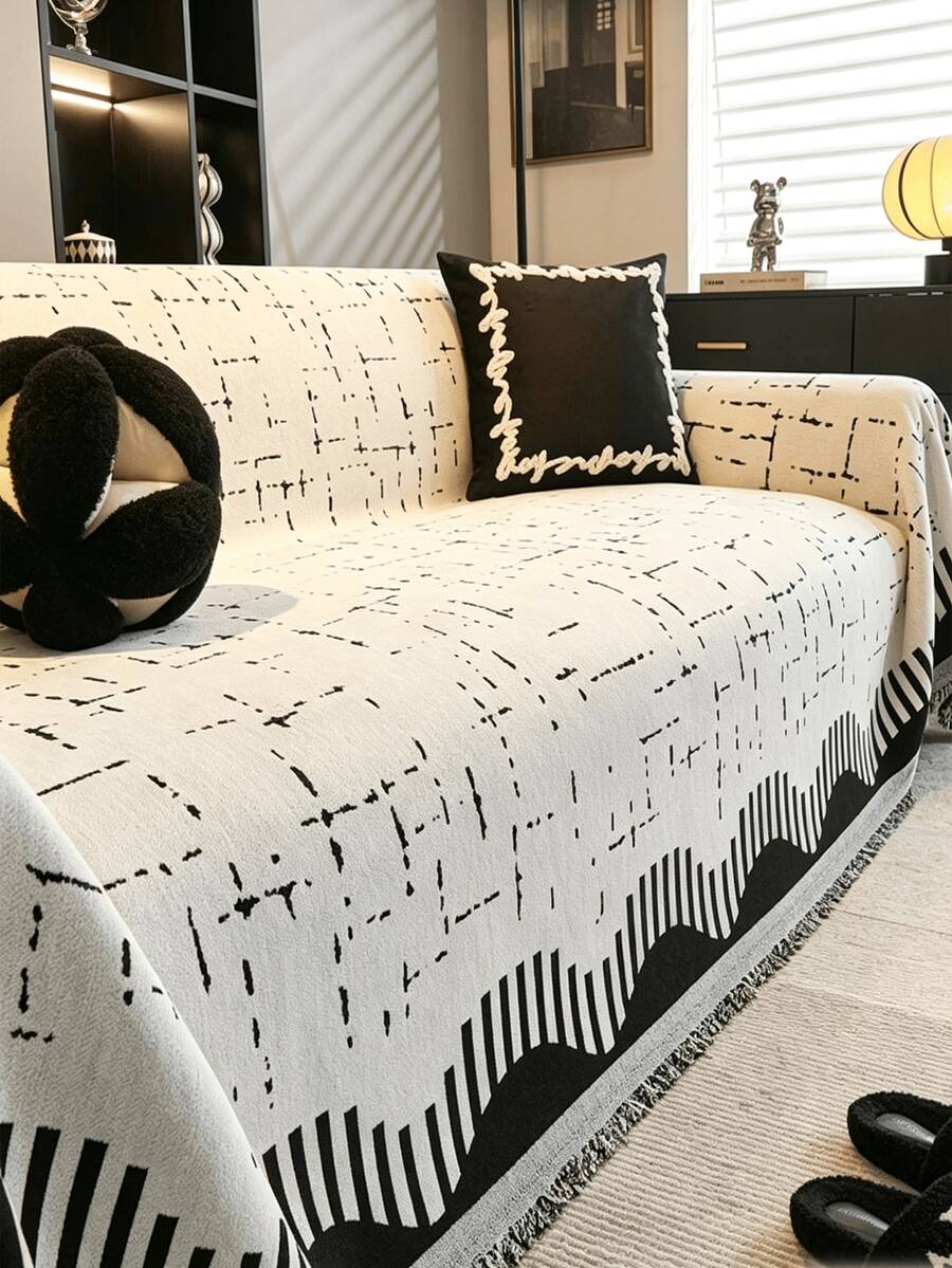 1pc All-Season Minimalist Chenille Sofa Cover With Tassels, Washable Sofa Slipcover, Pet-Friendly, Dust-Proof Design, Perfect For Home Decor - Beige - View 1