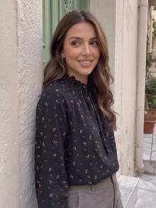 Tie Neck Ditsy Floral Ruffle Long Sleeve Blouse - Black - View 2