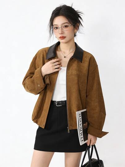 Niche Korean Style Premium Suede Fleece Jacket 2026 Autumn/Winter Slimming Leather Collar Jacket For Women Elegant Travel Casual Vacation