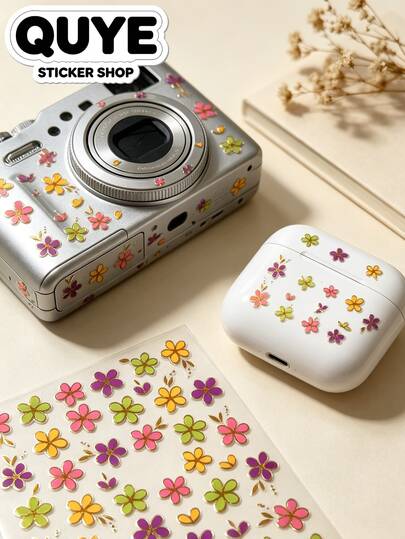 1Pc / 1Set Stickers Aesthetic, Colorful Vintage Floral Stickers, Junk Journal Supplies, Metallic Gold Trim, For Instant Camera, Phone Case, Water Cup, Laptop, Household Item Decoration