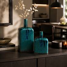 Teal Blue Reactive Glaze Ceramic Vase, Modern Square Decorative Bottle Vase For Living Room, Dining Room, Entryway, Shelf & Tabletop Home Decor, 2 Sizes - 1PC - View 4