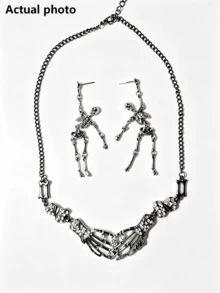 3pcs Halloween Dark Gothic Punk Skull Earrings & Necklace Set, Includes Skull Dangle Earrings And Skull Palm Spliced Necklace, Suitable For Halloween Party, Rock Music Festival And Subculture Themed Looks, Wearing The Set Enhances Visual Impact, Eye-Catching Accessories, Perfect Gift For Gothic Lovers (Necklace Color Is Gunmetal Black) - Multicolor 3 - View 11