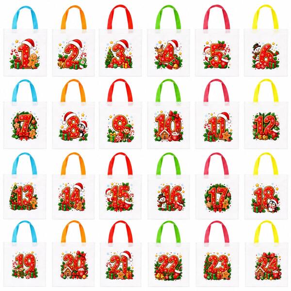 24 szt. torebek prezentowych na kalendarz adwentowy, numerowane 1-24, z kolorowymi uchwytami, 20 x 20 cm, z włókniny, świąteczne torby prezentowe do dekoracji przyjęcia bożonarodzeniowego