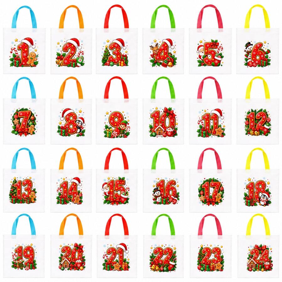 24 Pack Christmas Advent Calendar Gift Bags, Numbered 1-24 Countdown Bags With Colorful Handles, 20 X 20 Cm Non-Woven Holiday Gift Tote Bags For Christmas Party Decorations - Multicolor - View 1
