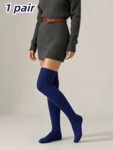 1 Pair Women's Soft Thick Knitted Over-The-Knee Socks, 5 Colors Available, Ribbed Cuff High Elastic Solid Color Long Over-The-Knee Socks, Comfortable Warm Long Tube Socks, Suitable For Daily Casual, Work Commute Outfits - Multicolor - View 12