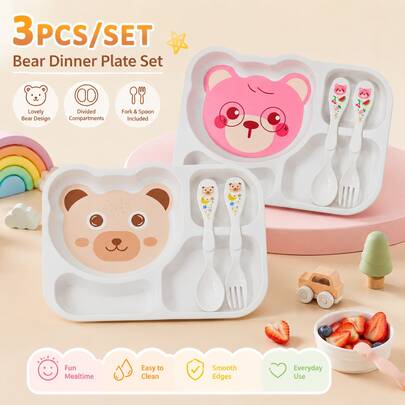 3pcs Feeding Set Bear Shaped Divided Plate With Fork & Spoon Cute Cartoon Toddler Dinnerware Set For Kids,Easy To Clean