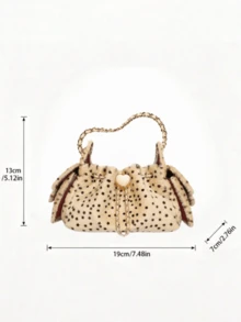 Tas Ember Berbulu Motif Polkadot Merah Muda Dedoo, Tas Selempang Rantai Logam Bentuk Hati yang Lucu, Tas Bahu Serut Berbulu untuk Pesta dan Sehari-hari - Khaki - View 7