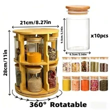 1 Set Rotating Round Bamboo Spice Rack With 10 Round Clear Glass Jars, Sealed Bamboo Lid Glass Jars, Kitchen Countertop Storage Rack, Suitable For Spices, Coffee Beans, Dried Grains And Seasonings - View 3
