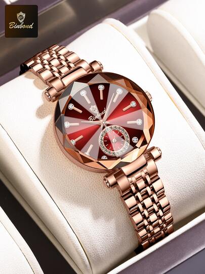 Luxury Women Wristwatch BINBOND, Rose Gold Steel Bracelet, Faceted Cut Mirror, Burgundy Dial With Rhinestone, Waterproof Quartz Watch For Daily Wear