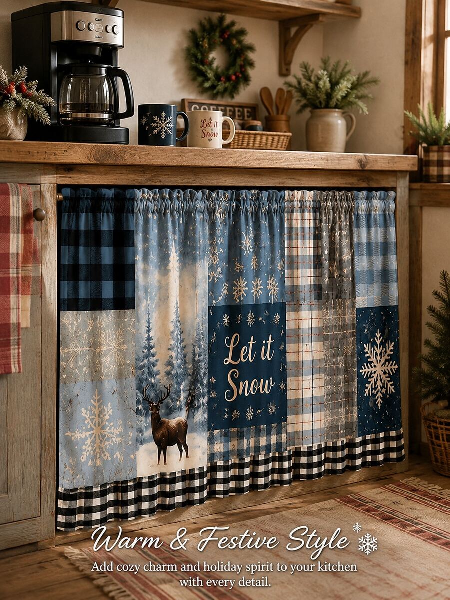 1pc Blue Snowflake Deer Under Sink Curtain, Rustic Polyester Rectangular Cabinet Skirt With Patchwork Design And Plaid Ruffle Hem, Decorative Kitchen Cover For Winter Home Decor, Christmas Decorations For Home, Kitchen Essentials - Multicolor - View 1