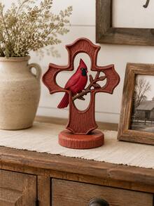 1pc Christmas Cardinal Figurine, Red Cardinal Bird On Decorative Cross Statue, Rustic Holiday Tabletop Decor For Fireplace Mantel Shelf Entryway Living Room - Classic - View 6