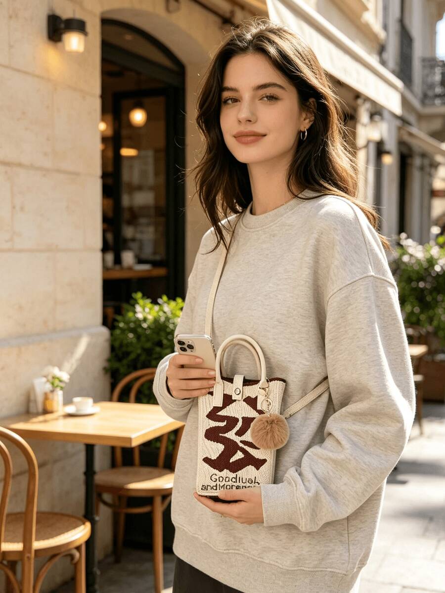 Cute Knitted Phone Bag Features Chinese Character (Good Luck More Money Graphic, Portable Women's Crossbody/Handbag With A Charm,For Everyday Wear - Multicolor - View 1
