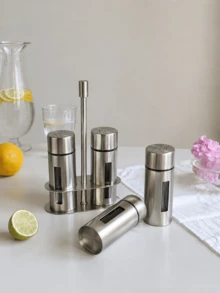2 Buah Set Wadah Bumbu Stainless Steel dengan Rak, Dispenser Bumbu Garam & Merica Isi Ulang untuk Dapur, Meja Makan, BBQ, Pesta, Hari Nasional Saudi - Perak - View 2