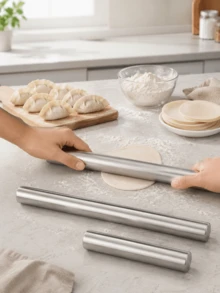 1pc Stainless Steel Rolling Pin, Non-Stick Baking Rolling Pin For Soft Candy, Pizza, Pie, Pastry, Dough, Cookies - Silver - View 2