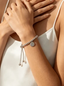 MECYLIFE 1pc Minimalist Fashion Gold/Silver Plated Stainless Steel Round Pendant Adjustable Beaded Engraved Bracelet - Silver - View 1