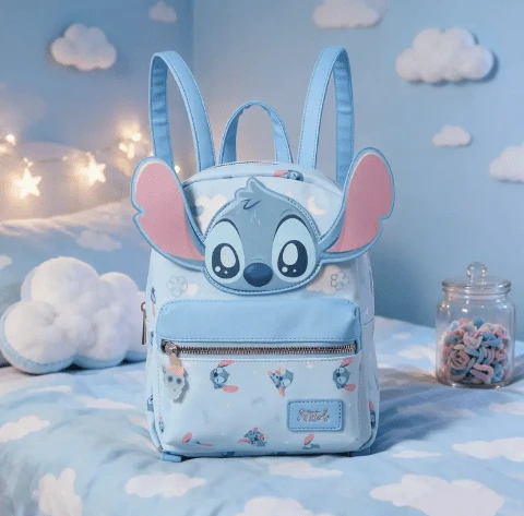 Miniso Cute Lilo & Stitch 3D Ear Mini Backpack, Light Blue Cartoon Print Small Backpack, Casual Daily Travel Shoulder Bag - A - View 1