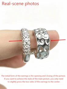 Punk Style Gold And Silver Non-Pierced Thick Round Clip-On Earrings, Stackable Ear Clip Set, Luxury Textured Old Money Style Jewelry, Featuring Hammered Embossed Metal Texture And Densely Set Sparkling Rhinestone Design, Suitable For Daily Commute, Evening Party, Date And Business Occasions, No-Ear-Piercing Wearers Can Create Stacked Looks, High-Quality Accessory, Perfect Birthday And Holiday Gift For Best Friends (Single Ear Clip Is In Open State, Gently Press Towards The Center To Achieve The Pictured Style) - Diamond Earrings - View 8
