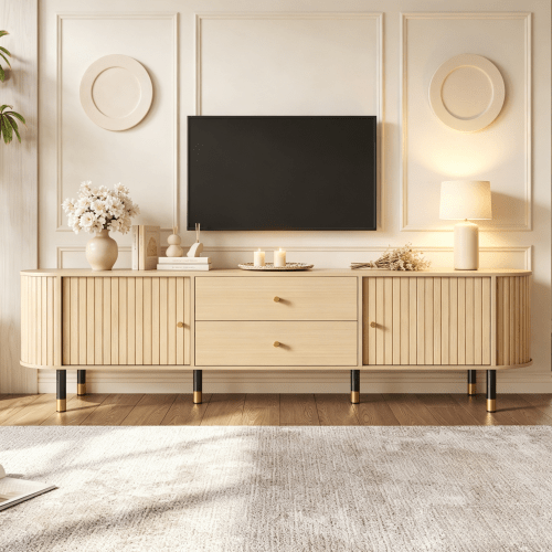Low TV Cabinet, TV Sideboard 180x40x58 Cm, Oval Low Cabinet With Sliding Doors And Two Drawers – Wood-Finish TV Unit For The Living Room.