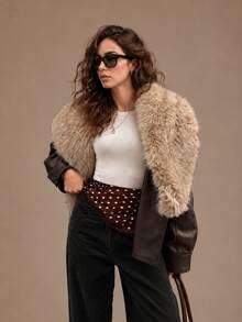 HZXVIC Women's Autumn New Retro Modern Style PU Leather Detachable Fur Collar Casual Motorcycle Jacket - Brown - View 2