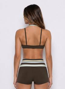 Never me Women's Striped Patchwork Halter Neck Sports Shorts Set, Yoga Pilates Outdoor Jogging Daily Commute Outfit - Brown - View 2