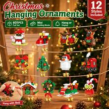 601PCS Christmas Hanging Ornaments Large Building Blocks Set, 12 Styles Included, Santa Reindeer Snowman Train Wreath Tree Decorations, Hang Or Display Holiday Home Decor, Sold As One Set - Multicolor - View 6