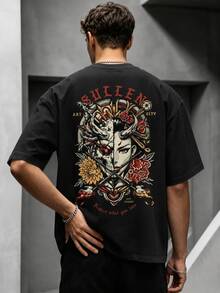 Krometka Men's Retro American Street Style Loose Fit Short Sleeve T-Shirt | Half Geisha Half Oni Mask Split Image Print | Exquisite Design | Essential For Spring/Summer | Versatile All-Match Tee | Express Personal Style - Black - View 1